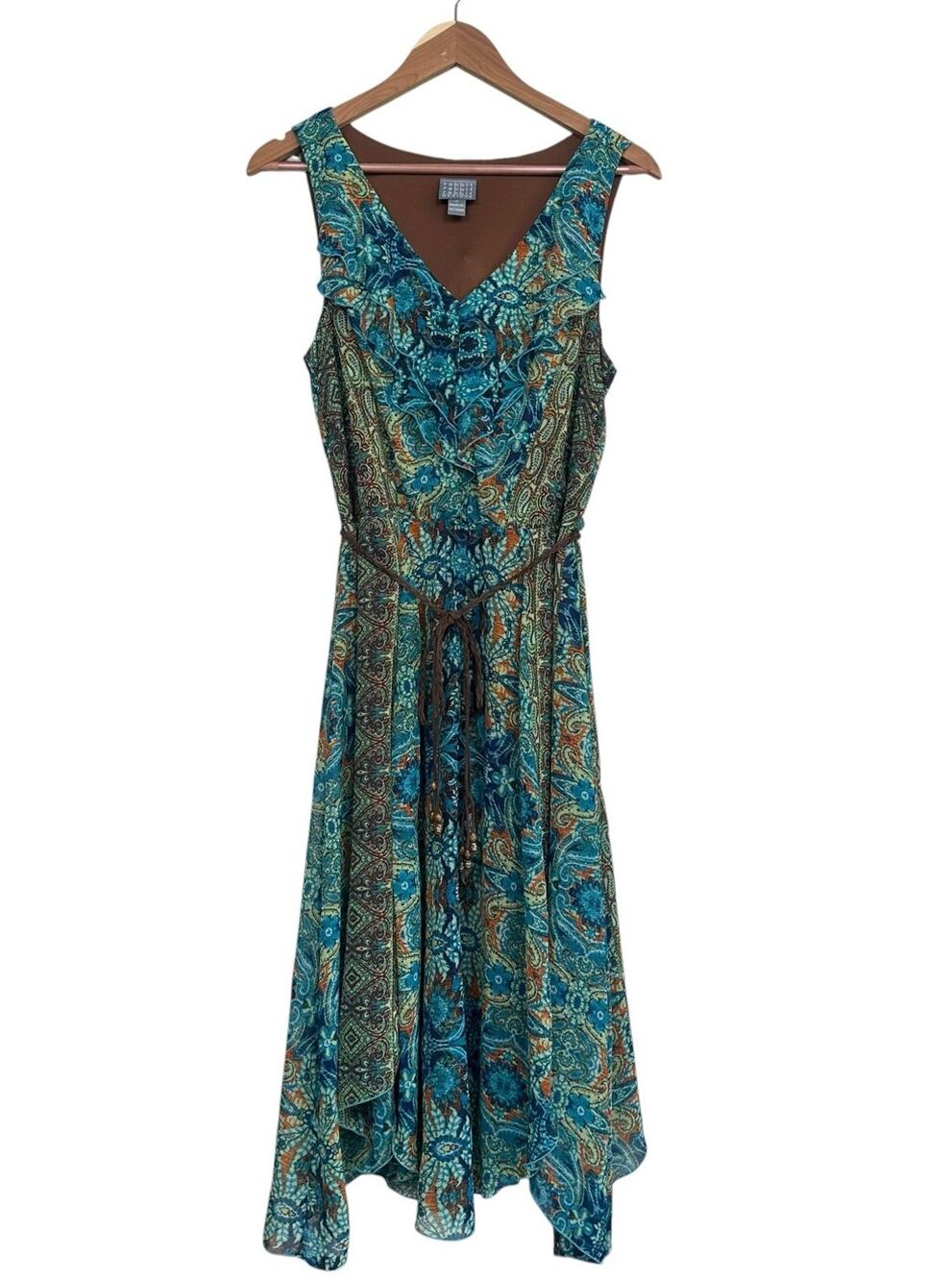 Rabbit Rabbit Rabbit Designs Green Brown Paisley Boho Belted Dress Size 12